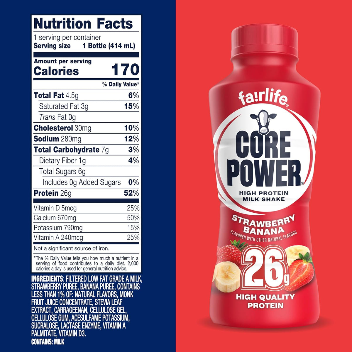 Core Power Protein Shake, Strawberry Banana, 26g Bottle, 14oz